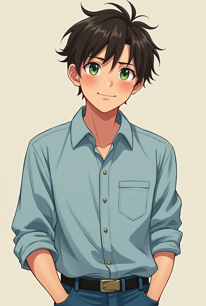 Boy with medium dark brown hair, Monica&#39;s Gang style and Japanese style, with green eyes, light blue dress shirt with 3 buttons on the collar and jeans, smiling with his mouth closed, embarrassed and 35 years old.