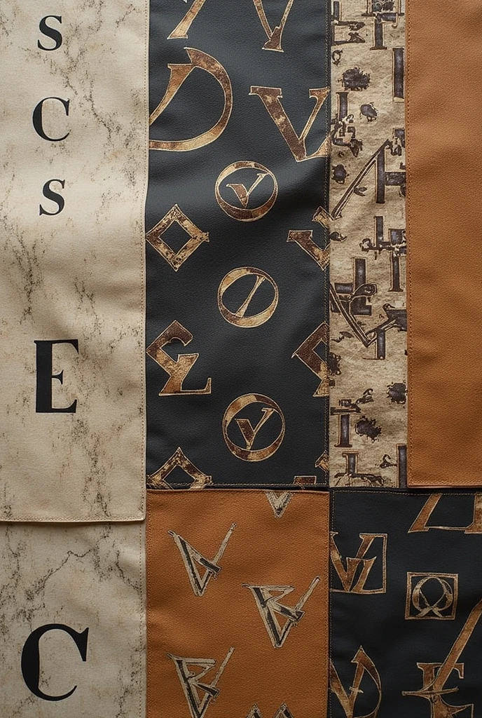 A design blending luxury fabrics and urban motifs, featuring bold logos, abstract patterns, and utility-inspired details. Use neutral tones with metallic accents.