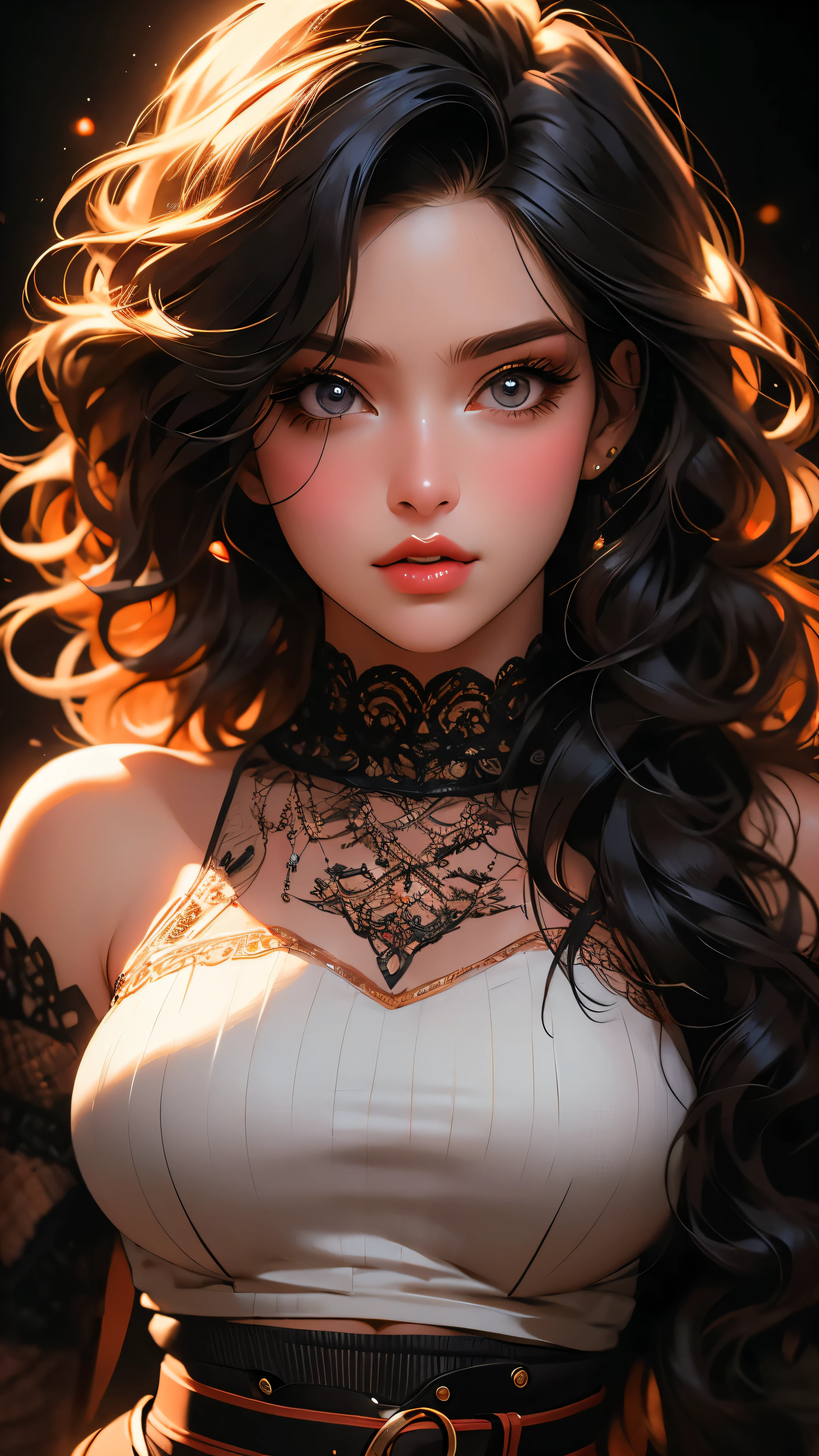 1girl, striped thigh-highs, red and white striped stockings, shorts, black crop top tucked into shorts, belt, long curly hair, beautiful detailed eyes, beautiful detailed lips, extremely detailed face, longeyelashes, medium bust, nipples covered, studio lighting, highly detailed, cinematic lighting, photorealistic, realistic skin texture, dynamic pose, intricate details, warm color palette, glowing skin, hyper detailed, vibrant colors, award winning photography, ethereal, elegant, alluring, portrait