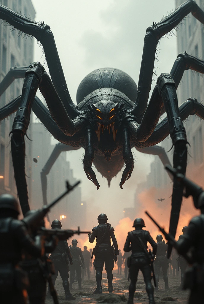 A spider has a gun in his hand, he wants to dominate the world and the armies appear to kill the spider and people run from the spider and the armies shoot him. 