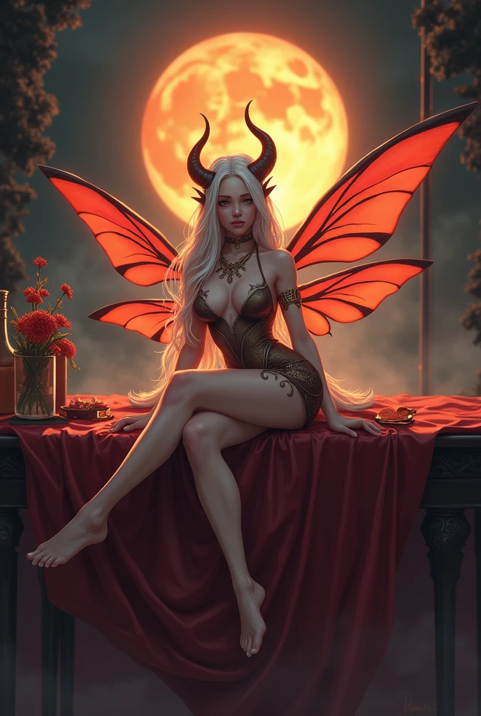 a Sprite female laying on a table, in a dark sun fantasy art style, character design