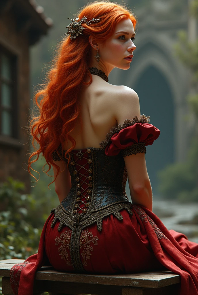 Make a beautiful Queen with a medieval witch style outfit with red hair turned around with a nice ass, make her from behind sitting on a bench