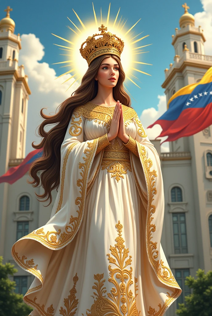 animated illustration, Virgin of the valley of Venezuela , with royal style crown, with brown hair, white dress and lots of gold details on the dress, In the background the church of the Virgin of the Valley, with praying hands, add the flag of Venezuela somewhere