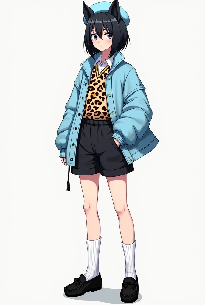 Female character with shoulder-length black wolf cut hair and a light blue Russian hat , Black shorts with white high socks and black moccasin shoes and a leopard print shirt and a light blue sweater