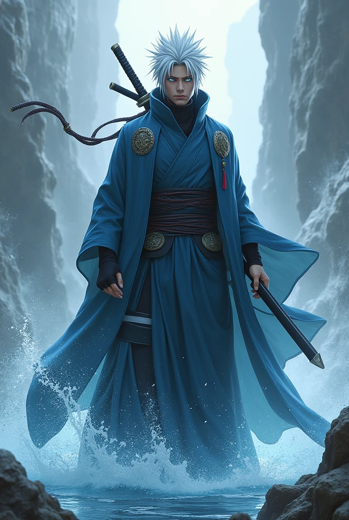 I want a character with Naruto clothes with a sword on his back white hair white eyes who controls water