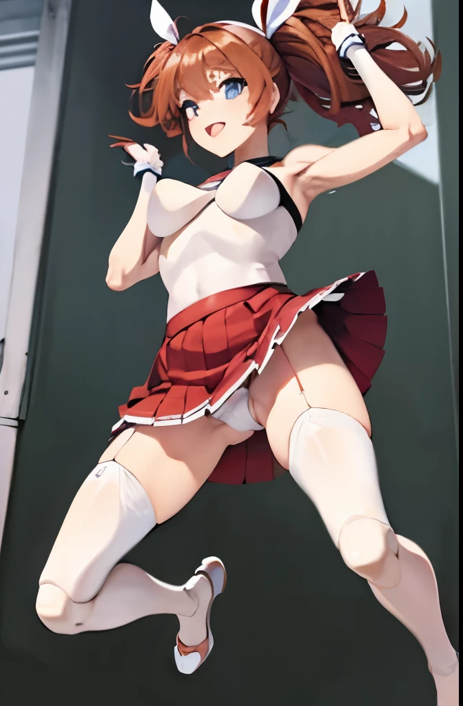 android, beautiful robot makes hard masturbation, she gets orgasms. Her short pigtails, brown hair, Hair tie with two big red clothespins, big smile, brown hair, middle age, joint seam, blue eyes, full body figure, Height: 160cm, She wears only Light beige micro mini pantie, fluttering skirt, skirt folds, white retro swimwear, Uplifting, 2020s anime style, 21thcentury japan animation, show White pantie, strong wind is blowing.