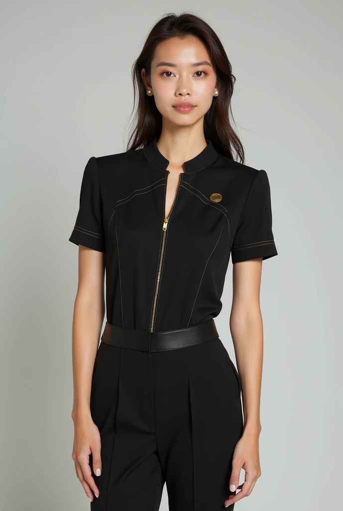 Give me a sketch of a mid-rise top and pants suit, for lady, of screen, formal , short sleeve,
