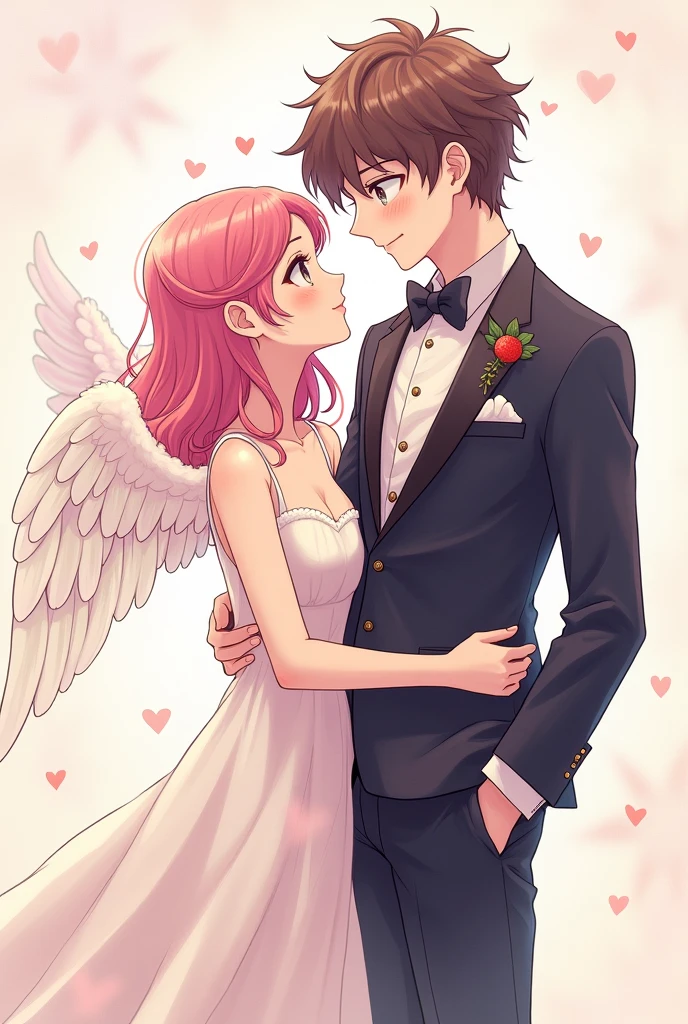 cover of volume 1 of a manga about a girl who falls in love with a cupid who wears a suit. On the cover is her and him. The girl has pink hair.