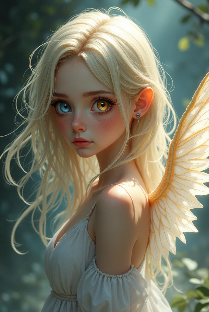 Short stature female teenager. Light blonde hair and brown skin. It has wings and eyes of different colors, one blue and one gold