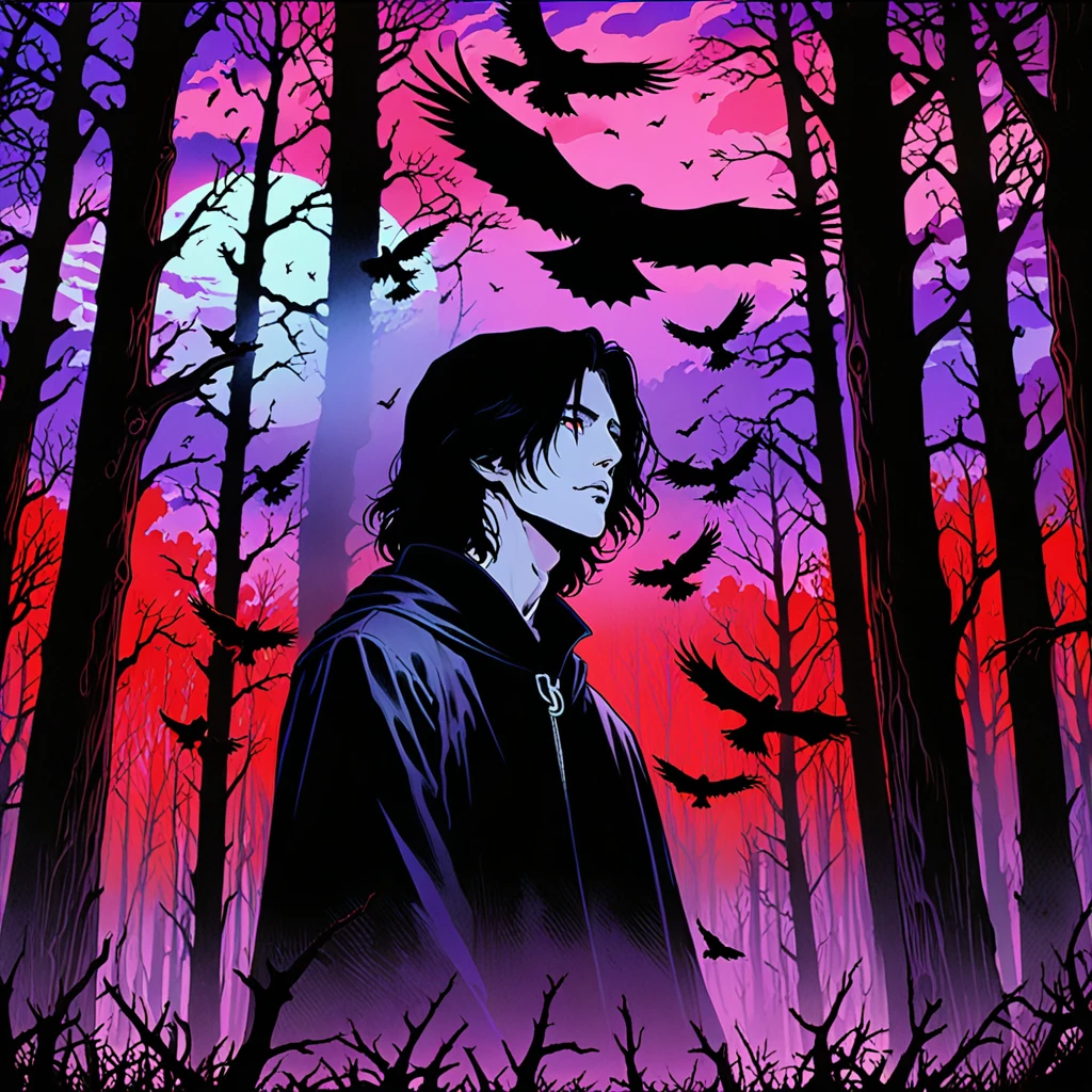 illust、art、from 80s horror movie, directed by Junji Ito、in the forest、A man with a scared expression、Countless crows are flying into the sky, The silhouette of grim reaper towering into the sky、Overaction、Overreaction、Hanging corpse、high detail, realsitic shadow、Analog style, vhs style, 8mm film, chromatic aberration, Dvd screengrab、Blue-purple and red-purple gradation、The man expression is clear