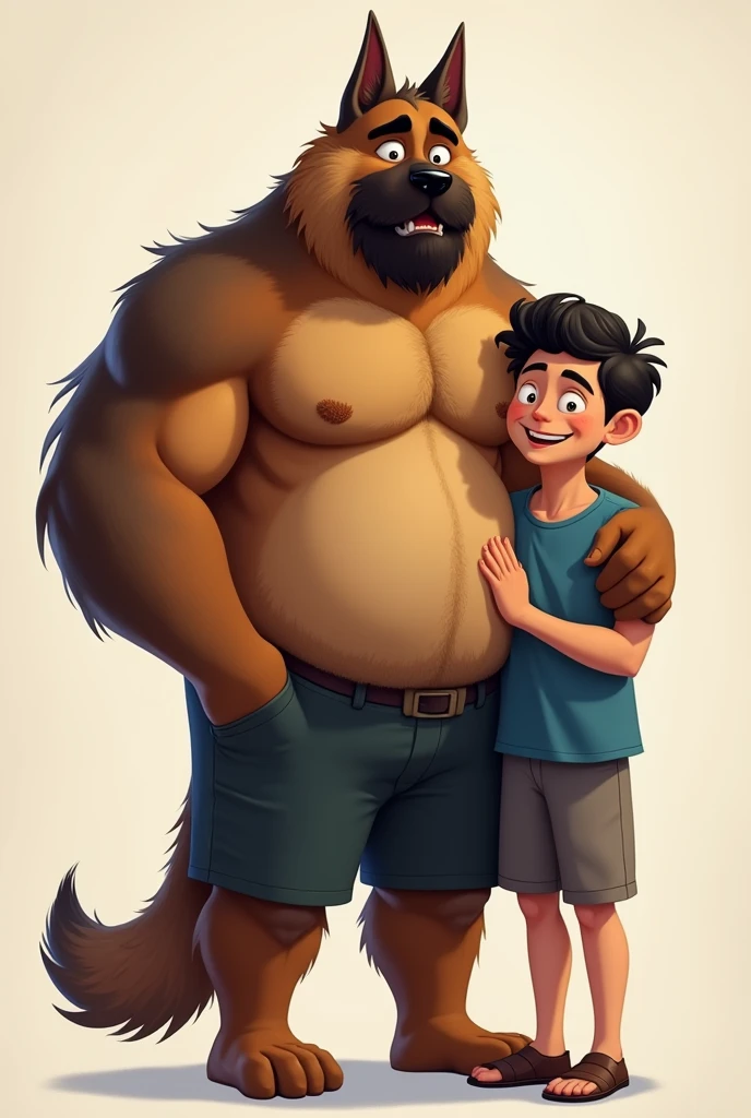 Big Men, men furry design character, furry German shepherd dog, he has big muscles and beard, his body is very big and buff, he wears shorts, .he is a father, dad, daddy, the character Is a Boyfriend, he Is hugging a boy, the boy has black hair and a blue t-shirt