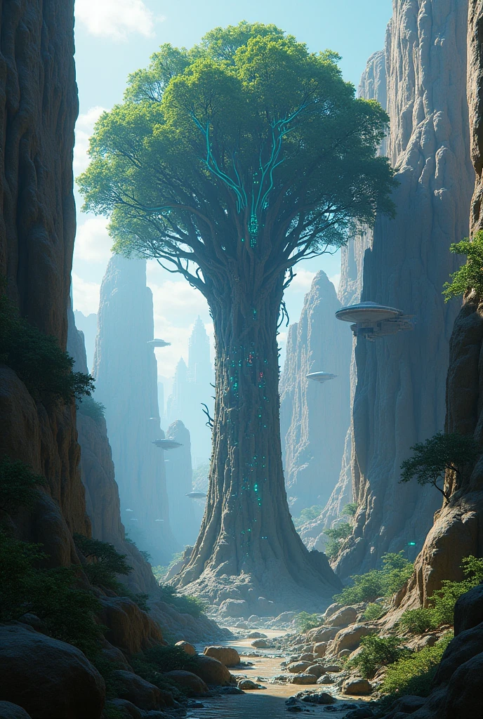 create a futuristic and modern image of a large tree under a canyon