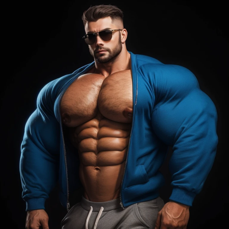 hyper growth, hyper muscles, a very handsome young man, sunglasses, simple blue sweatshirt with long sleeves, massively muscular, with massively large muscles, with exaggeratedly huge muscles, with exaggeratedly huge biceps, with a massively large bulge, exaggeratedly huge bulge, hands on waist, on a black background