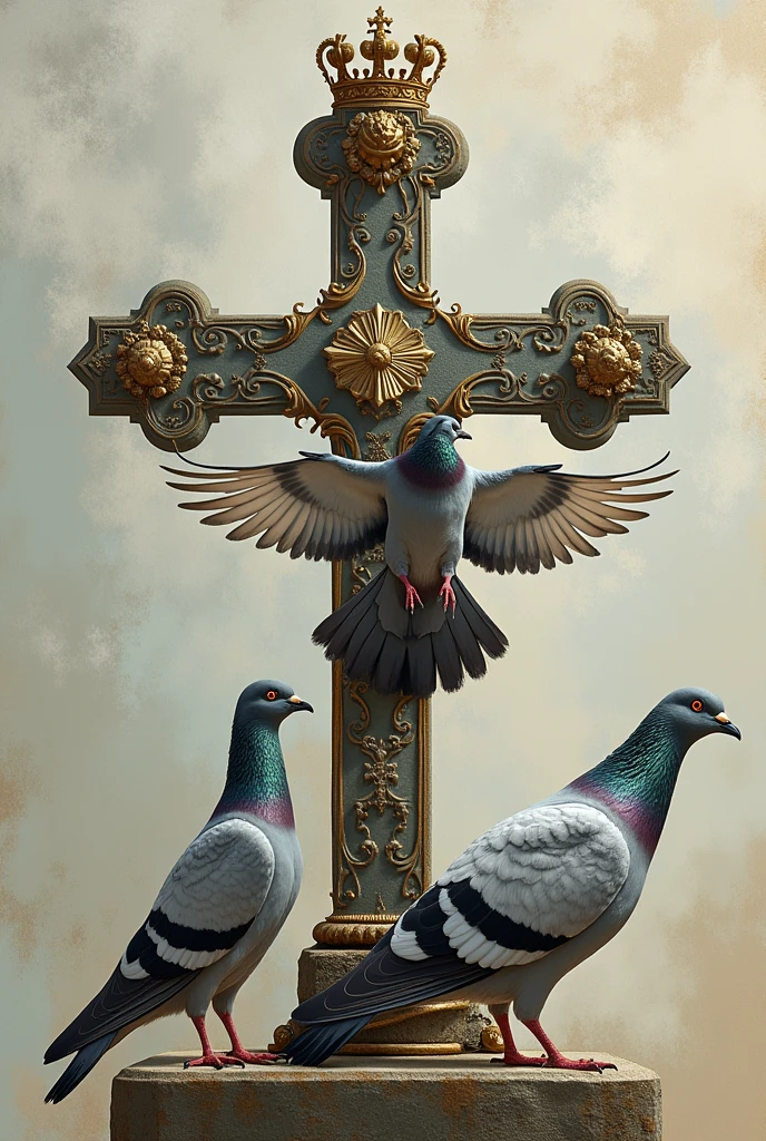 Cross with pigeon and crown all join