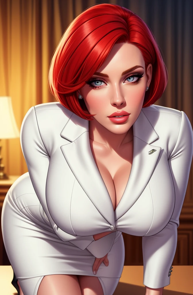 high quality,resolution:8k,realistic,Carolyn Dunn,red hair,bobcut,beautiful detailed eyes,beautiful detailed lips,white suit,pencil skirt,high heels,vivid colors,portraits,studio lighting