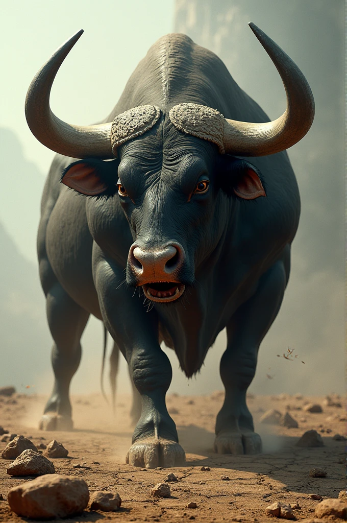 Bull with large horns eating earth