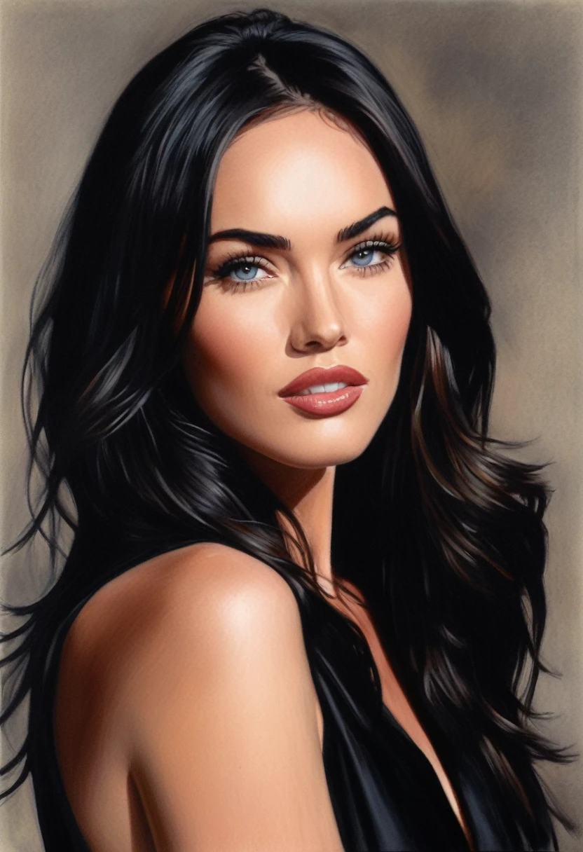 (MeganFox)drawing of the face of a 35 year old woman,long hair,dark haired,black satin shirt