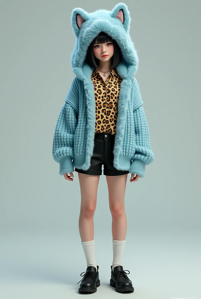 Female character with shoulder-length black wolf cut hair and a light blue Russian plush hat , Black shorts with white high socks and black moccasin shoes and a leopard print shirt and a light blue sweater