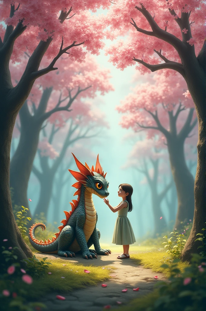 Short dragon interacting with a human In a forest with cherry blossom trees