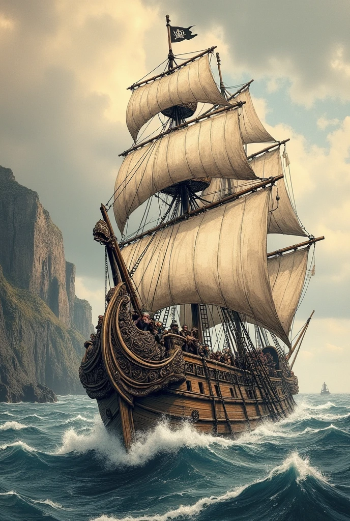 Medieval drawing with a pirate ship