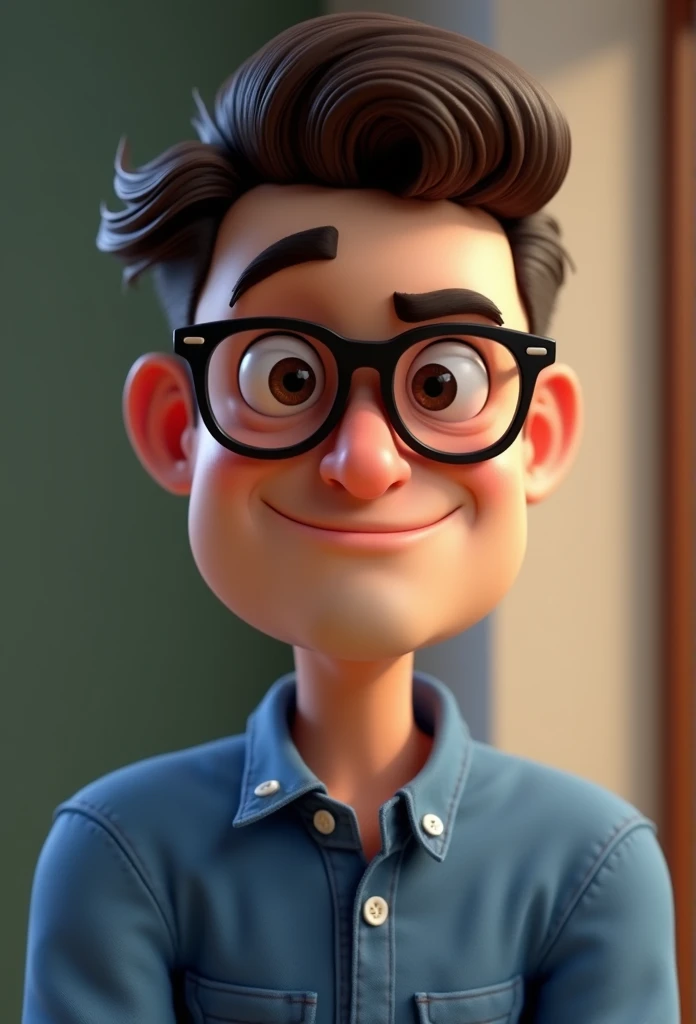 Cartoon character of a man in black glasses and blue shirt, animation character, stylized character, animation style rendering, 3d stylized, Arnold Maya rendering, Stylized 3D rendering, toon render screenshot, 3d character, 3d character, Stylized 3D rendering, 3D character rendering, cartoon character, Personagem de close up, character posing,  (Pixar-style) (master part:1.2) (bokeh) (best qualityer) (skin detailed) (detailed texture) (8k) (Argilla) (cinematic lighting) (sharp focus