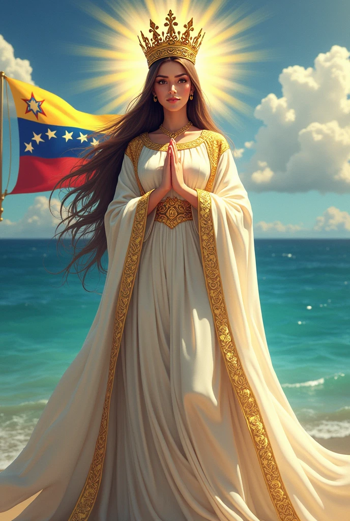 animated illustration, Virgin of the valley of Venezuela , with royal style crown, with brown hair, white dress and lots of gold details on the dress, with praying hands, add the flag of Venezuela somewhere, the sea in the background