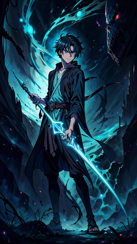-High quality- -masterpiece- -Anime style- a man with black hair, light blue eyes, handsome, slim, wearing a brown wizard's robe, holding a long magic staff, walking around a dark cave with scary spiders, serious expression