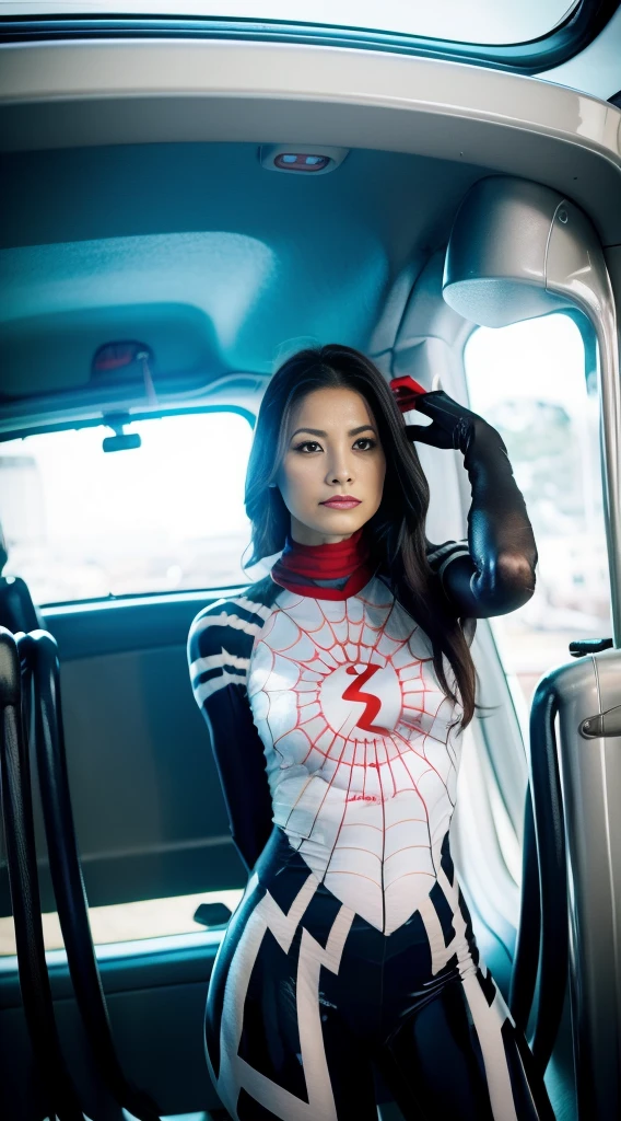 blonde german woman, wearing a futuristic completely white tight clothes floating in a spaceship  beholding the space by a big window, Pensive face, A faint smile, Flowing hair, space, Microgravity