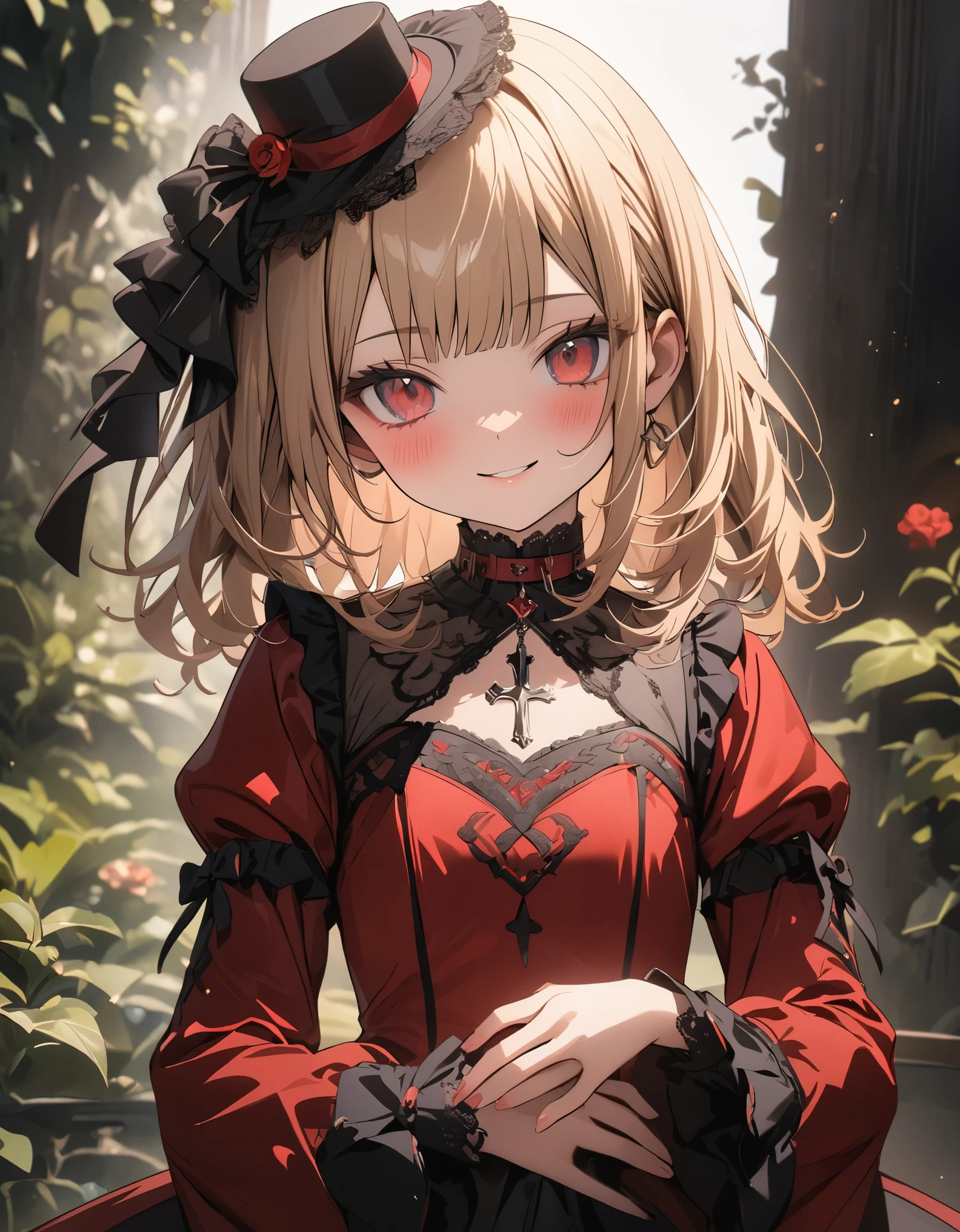 ((Masterpiece)), ((best quality)), ((wide shot)), (super detail:1.2), (High Definition:1.3), ((extremely detailed)), (8K), (Professional Photography:1.2), (very aesthetic:1.2), (absurdres:1.2), (sharp focus), (perfect light), ((kawaii)), (drop shadow), profile, ((12 years old)), ((1 princess)), Textured skin, ((medium hair)), ((Beautiful Gothic Lolita Crimson-red Dresses)), (very hoop Crimson-red dress), ((Luxury cross motif embroidery)), (intricate lace details), Victorian-style collar, cute innocent young girl, BREAK, ((loose blunt bangs)), ((put on mini silk hat)), Slender body, small chest, (silky blond hair), (cute makeup), cute cheeks, glossy lips, pouty lips, bags under the eyes, (lower eyelashes), beautiful hair, ((naughty smile)), blush, Light particles, ((place hands on navel)), mysterious and elegant, (in the Beautiful Dreamy garden), (detailed background:1.2), newest, gothic lolita,gothic,