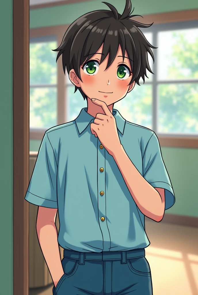 Boy with medium dark brown hair, Monica's Gang style and Japanese style, with green eyes, light blue dress shirt with 3 buttons on the collar and jeans, smiling with his mouth closed, embarrassed and 35 years old, and character from Monica's Gang