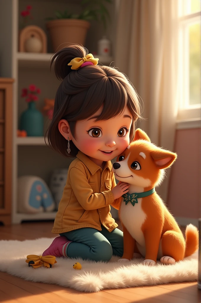 A one-year-old caramel-colored mutt named Mel and a cute 4-year-old girl with straight, brunette hair and a Frozen outfit.