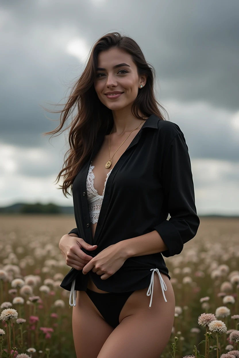 2 girls, Brunette instagram influencers, in sexy white satin and lace bikini with a white over shirt, flirty smile, shy look, brushing hair back, in field of flowers with cloudy sky, brunette, 21 years old, nice curves, sexy pose