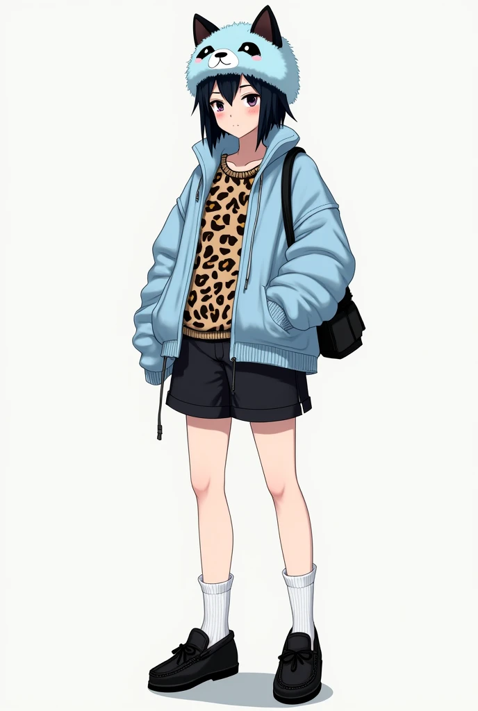 Female character with shoulder-length black wolf cut hair and a light blue Russian plush hat , Black shorts with white high socks and black moccasin shoes and a leopard print shirt and a light blue sweater