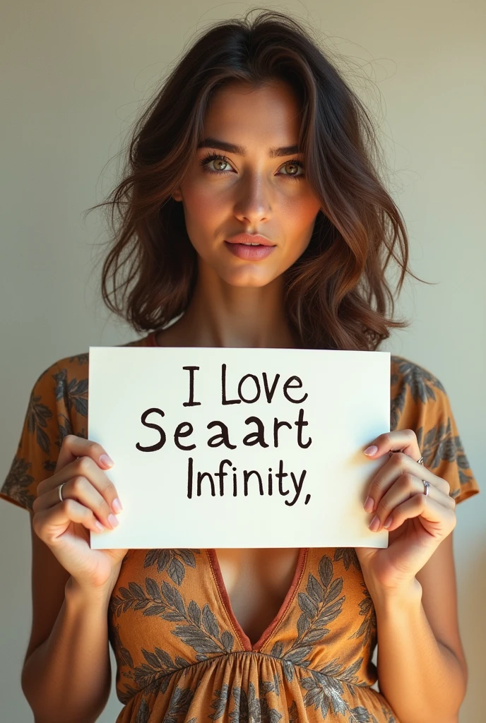 Beautiful girl with wavy long hair, bohemian dress, holding a white board with text "I Love Seaart Infinity" and showing it to the viewer