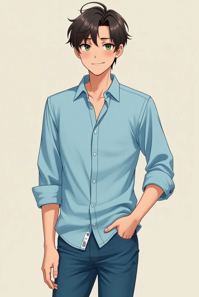 Boy with medium dark brown hair, Monica's Gang style and Japanese style, with green eyes, light blue dress shirt with 3 buttons on the collar and jeans, smiling with his mouth closed, embarrassed and 35 years old, and tall Monica's Gang character