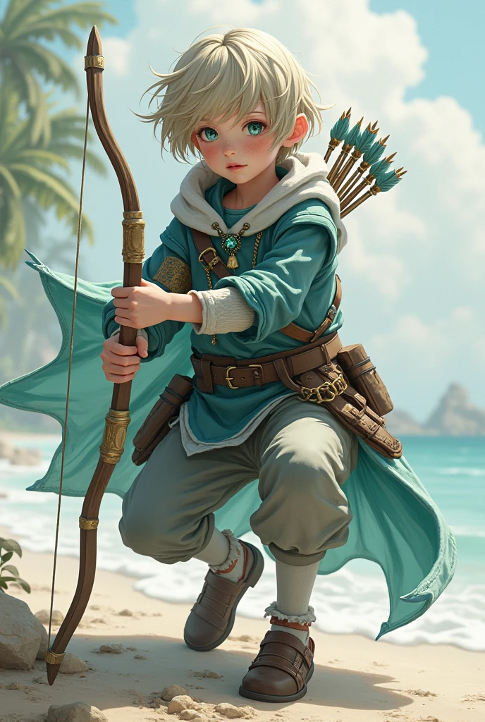 ((Best Quality)), ((masterpiece)), (detailed), {original}, {realist}, Girl, (Masterpiece of art), (ultra quality), Girl, short hair, young, versatile guy, linda, beauty, flat nose, freckled, introvert, shy, beautiful, short hair, sapphire jade pendant, jump throw, whole body, defensive pose, crouched, elegance, light blue eyes, turquoise, survivor, costume with wings, Long pants, leather slippers, socks, stitched ears, Bow and arrows, warrior, zodiac, mixed clothing,