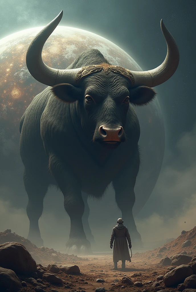 Large Bull with large horns eating whole planet