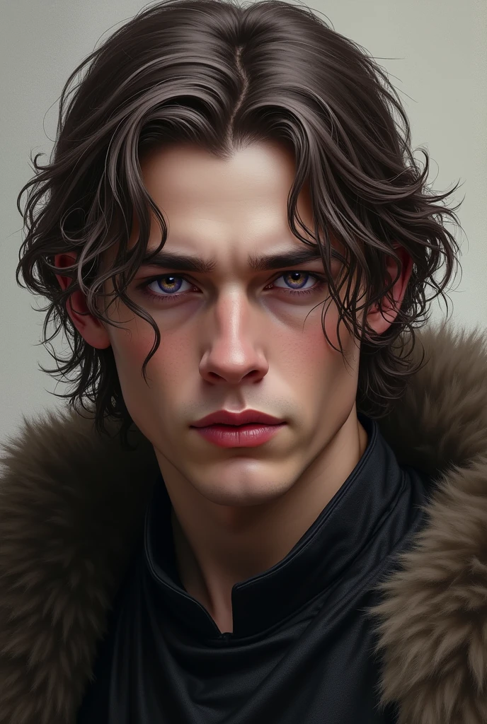 Aegon Targeryan&#39;s appearance in the story: He was a handsome young man, although he had a melancholic look in his eyes and a mouth with an angry gesture. Brown hair with white streaks that will darken over time, Violet eyes and slightly dark skin.
