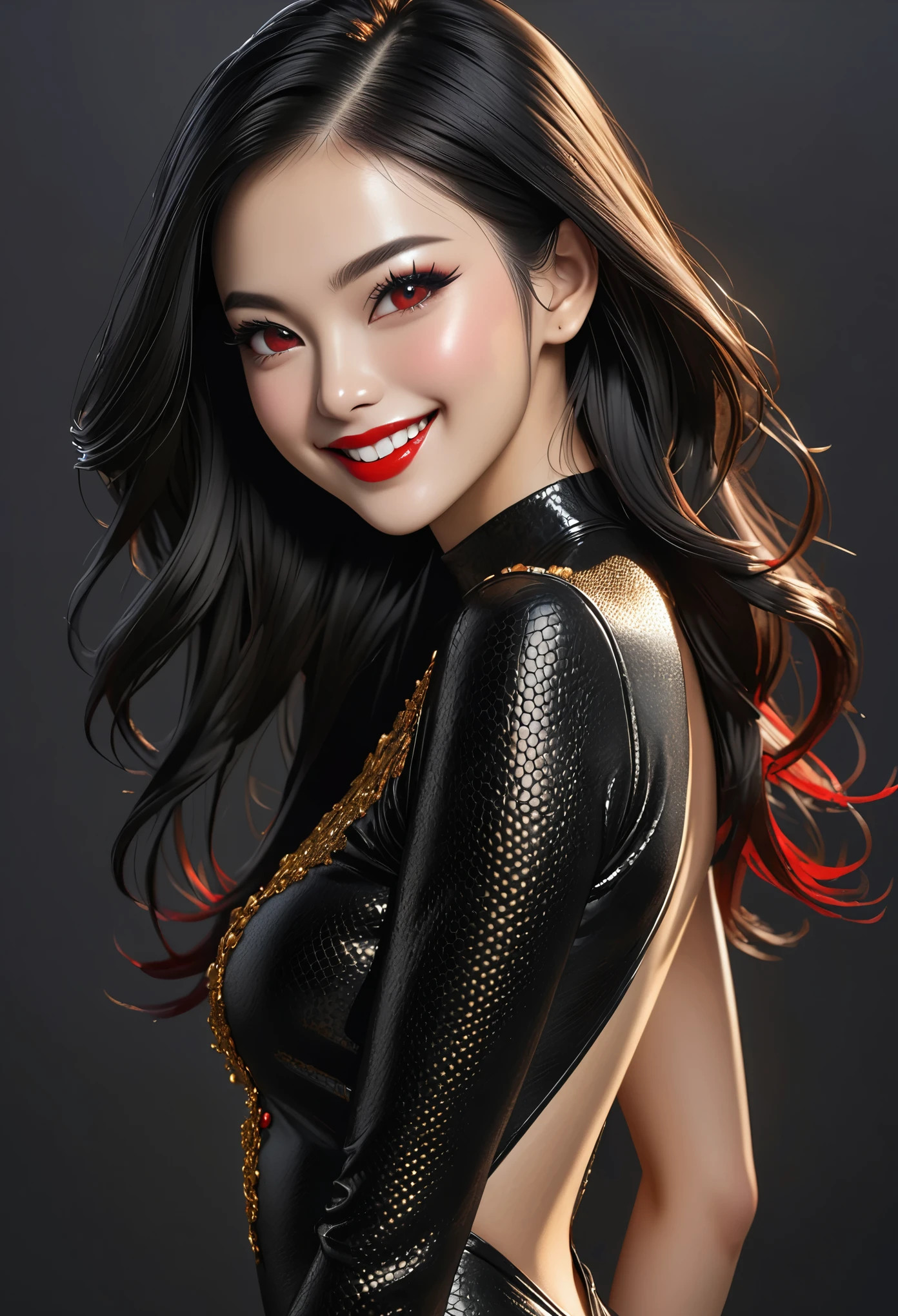 (young woman:1.5), (black leather leotard, black high heels), very long black hair, red eyes, eyeliner, make up, red lipstick, (sexy smile:1.4), (realistic skin pores, skin impurities:1.0), 24k resolution, highly detailed, (natural front light:0.5), (full body shot:1.3), (realistic style:1.5), detailed skin texture, clean cell background