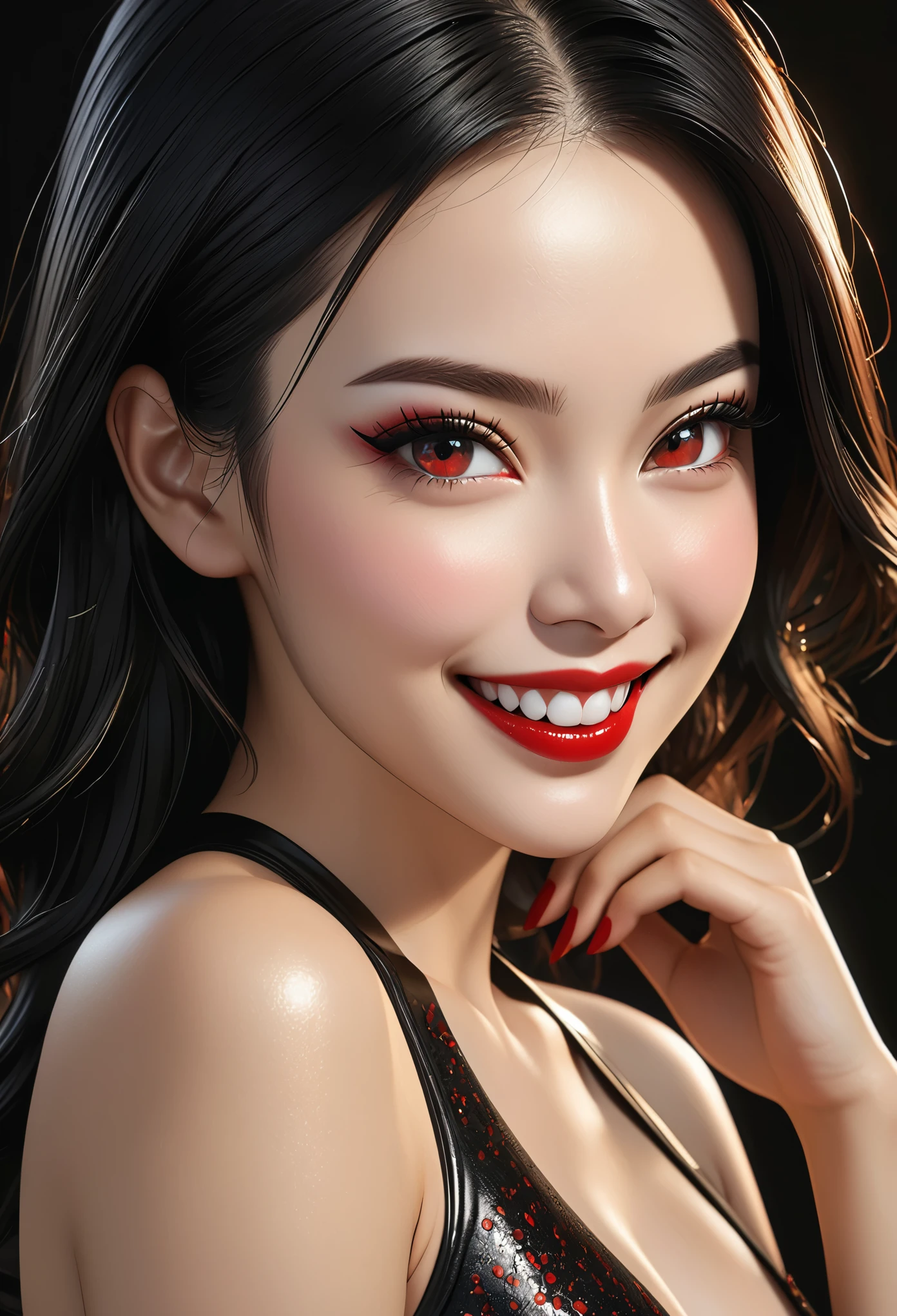 (young woman:1.5), (black leather leotard, black high heels), very long black hair, red eyes, eyeliner, make up, red lipstick, (sexy smile:1.4), (realistic skin pores, skin impurities:1.0), 24k resolution, highly detailed, (natural front light:0.5), (full body shot:1.3), (realistic style:1.5), detailed skin texture, clean cell background