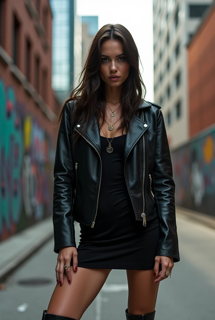 A strong-featured female model stands confidently against a gritty urban backdrop, framed by sleek skyscrapers and vibrant street art. Her stylish leather jacket adds a rebellious touch to her sleek black dress, while ankle boots and statement jewelry complete her edgy-chic look. Natural light illuminates the scene, casting a warm glow on the city's steel and concrete jungle, highlighting the model's sophisticated yet daring style as she stands out against the urban canvas.