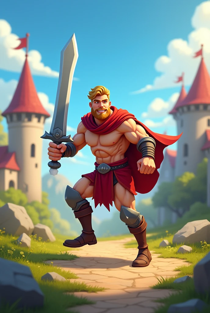 Imagine a warrior, no armor , animated cartoon. 2.5D, Mediovale , sprites game.