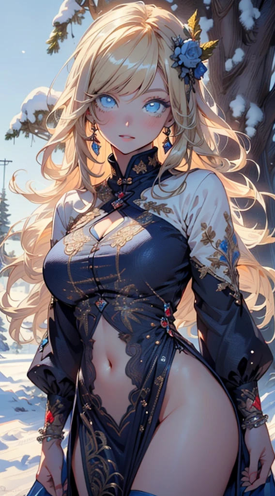 cute girl,1girl,((extremely cute and beautiful blonde haired anime girl)),((())),(large breasts:1.2),(((blonde long hair:1.2, big forhead:1.2),(straight cut bangs:1.2),blonde hair,shiny hair,hairgrip,curled eyelashes:0.6)),((blue_eyes:1.5)),intricate eyes,beautiful detailed eyes,symmetrical eyes,Big eyes:1.5,((fat)),(((lustrous skin:1.5,bright skin: 1.5,skin tanned,shiny skin,very shiny skin,shiny body,plastic glitter skin,exaggerated shiny skin,illuminated skin))),(spider lower abdomen,narrow waist,wide hip,athletic body,inflated legs,thick thighs,detailed body,(detailed face)),
cute,slutty,seductive,erotic,(nsfw),
zettai ryouiki,revealing clothing,show skin,mini skirt,(navel),(snowflake wreath),winter clothes,(((intricate outfit,intricate clothes,embroidered outfit,ornate outfit,embroidered clothes,ornate clothes))),
(dynamic pose:1.0),embarrassed,(centered,scale to fit dimensions,Rule of thirds),
((snowy pine forest)),winter,scenery:1.25,((intricate scenery)),((snow forest background)),Christmas tree,
(Glossy winter ornaments),highres,sharp focus,(ultra detailed,extremely detailed),(photorealistic artwork:1.37),(extremely detailed CG unity 8k wallpaper),(((vibrant colors,vibrant theme))),(intricate),(masterpiece),(best quality),