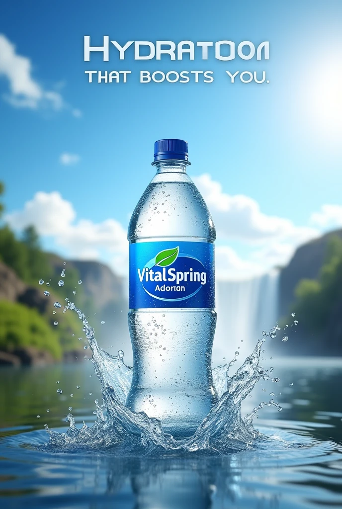 A sleek and modern bottle of mineral water with the &#39;VitalSpring&#39; brand on the label, located in the foreground. The bottle is surrounded by a moving water effect that appears to propel it forward., as if it were emerging from a spring. At the bottom, You can see a natural landscape with a waterfall and a bright blue sky. The slogan &#39;Hydration that boosts you&#39; appears at the top of the image in clear, stylized letters, with a clean and modern style.