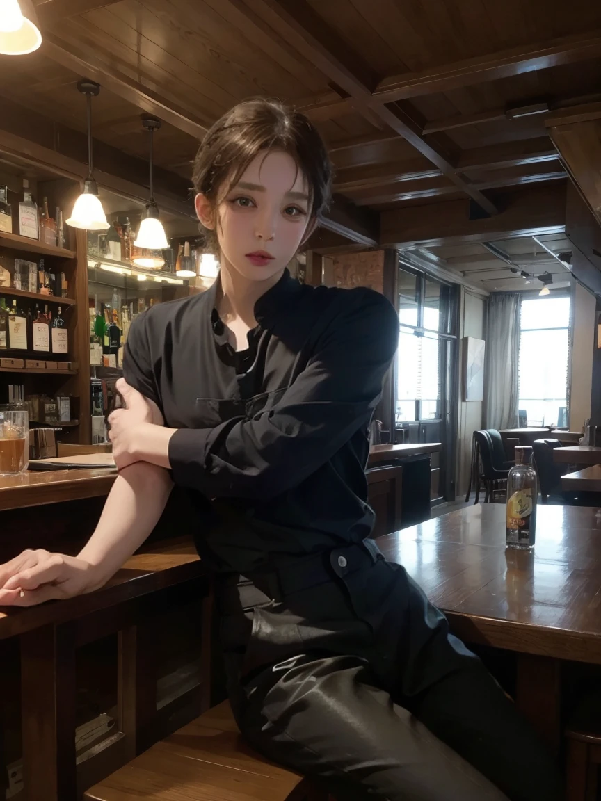 bar counter,a man sit,