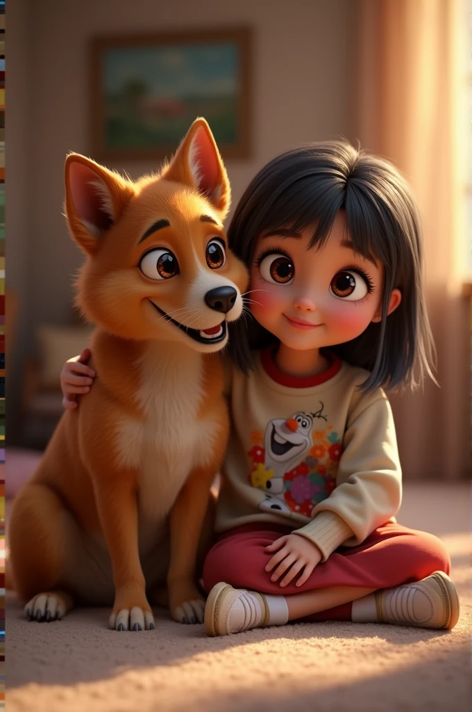 A caramel-colored mongrel dog next to a with straight, dark hair who loves Frozen