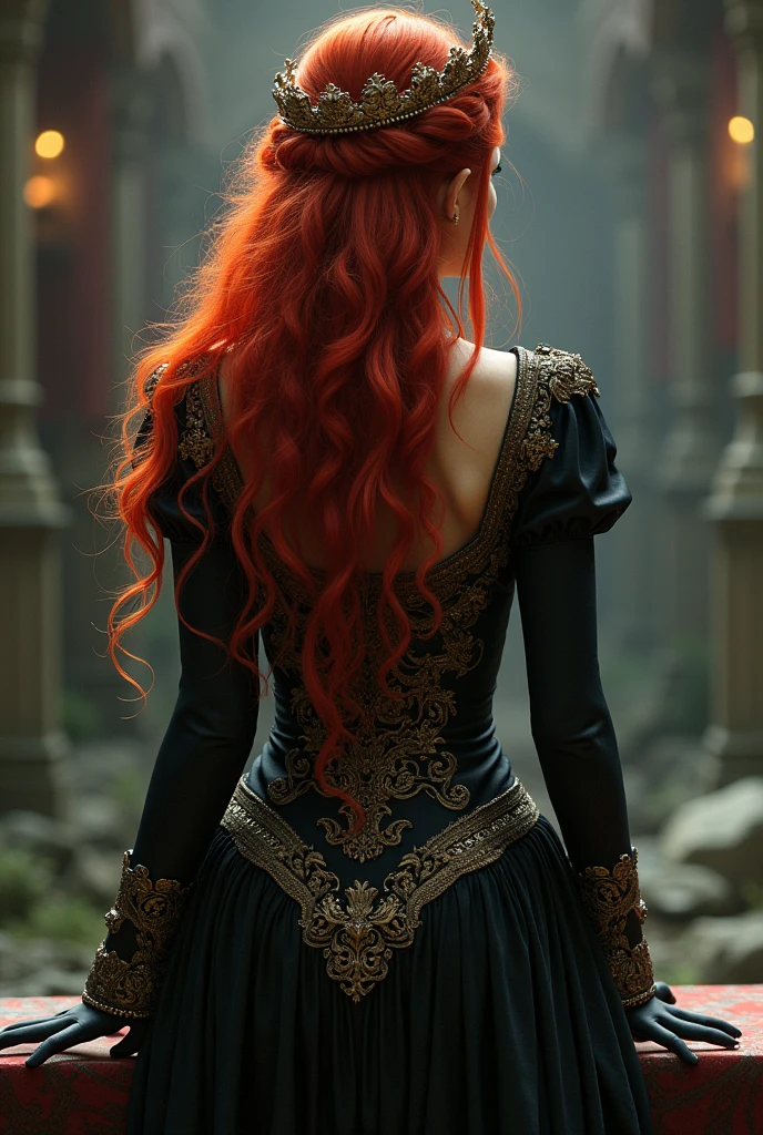 Make a beautiful Queen with a medieval witch style outfit with red hair turned around with a nice ass, make her from behind in panties sitting on a bench