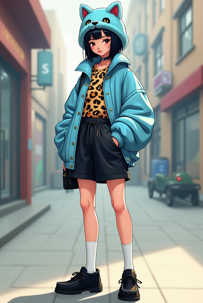 Female character with shoulder-length black wolf cut hair and a light blue Russian plush hat , Black shorts with white high socks and black moccasin shoes and a leopard print shirt and a light blue sweater