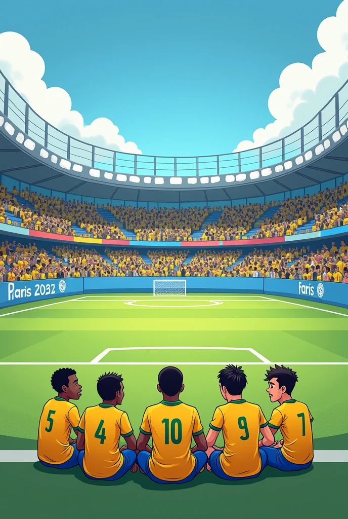 a cartoon depicting an empty football field, with Brazilian football players discouraged around, while in the background we see athletes from other sports (like gymnastics, swimming, track and field) preparing for the Paris 2024 Olympics. This would highlight the diversity of sports present at the Olympic Games and the need for investment and appreciation of other sports in Brazil..
