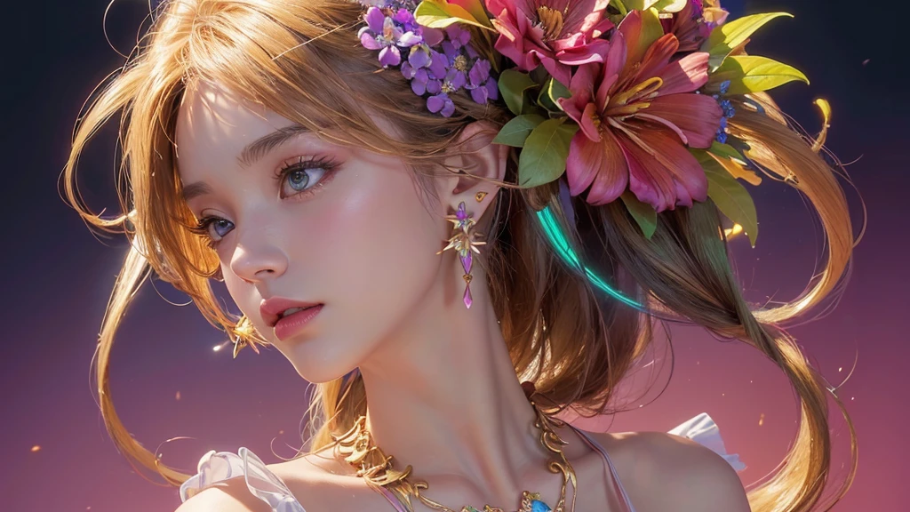 32K, 最高quality, 最高masterpiece, (ultra-Detailed Background, Detailed Background), High resolution, Super detailed, Very detailedな, One girl, (bouquet:1.3), (Tangled:1.2), (Geometric:1.2),(colorful),(masterpiece, quality, best quality, Official Art, Beautiful and beautiful:1.2), (1 girl:1.3), Very detailed,(colorful:1.1)(Flowers:1.3),Most detailed,(Tangled:1.2), whole body, (Abstract background:1.3), (Skin glows), (Many colors:1.4), ,(Earrings Jewelry:1.5), Gradient pink background,